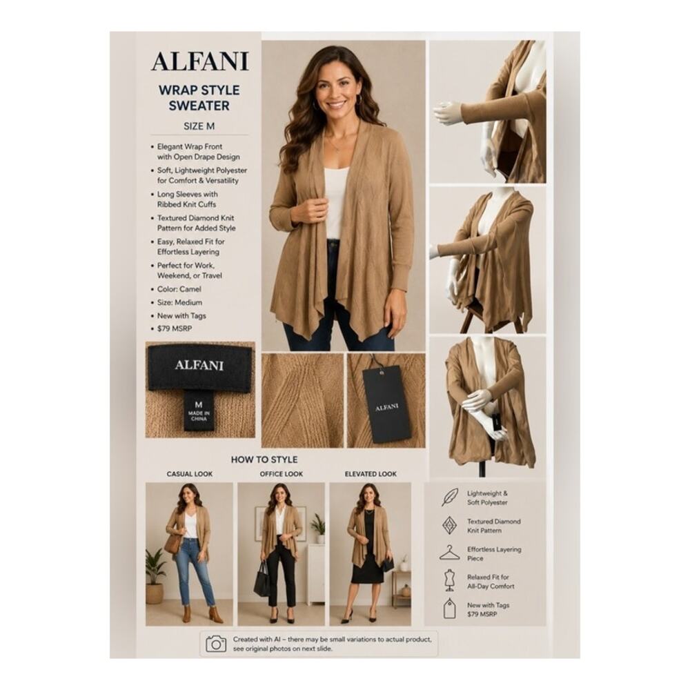 Alfani Poncho Wrap Shawl Size M Novel Beige Open Cardigan Relaxed Fit Soft NWT